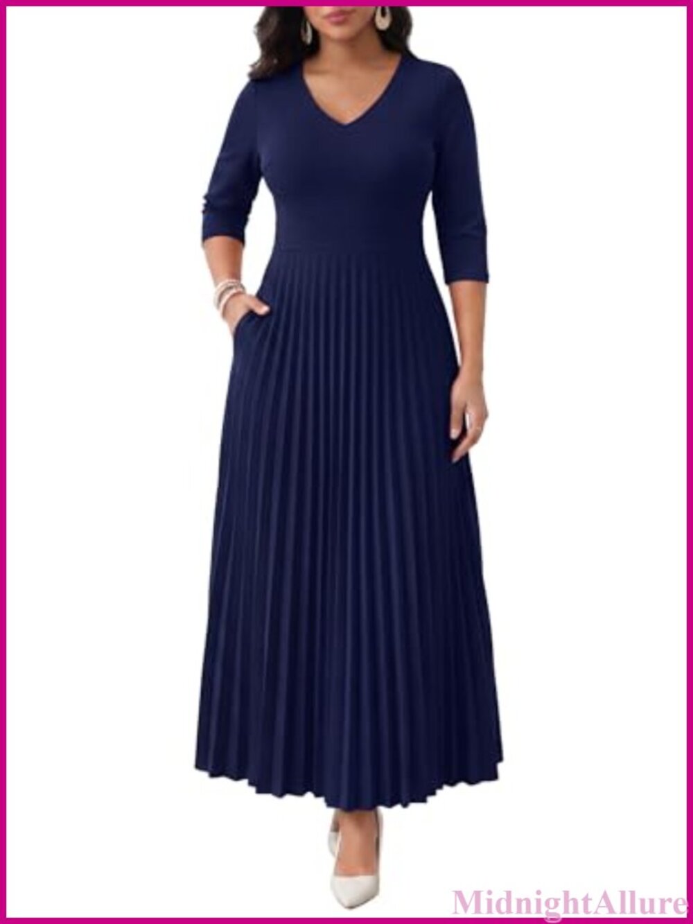 V-Neck Pleated A-Line Maxi Dress 3/4 Sleeve Pockets Formal Wedding Guest
